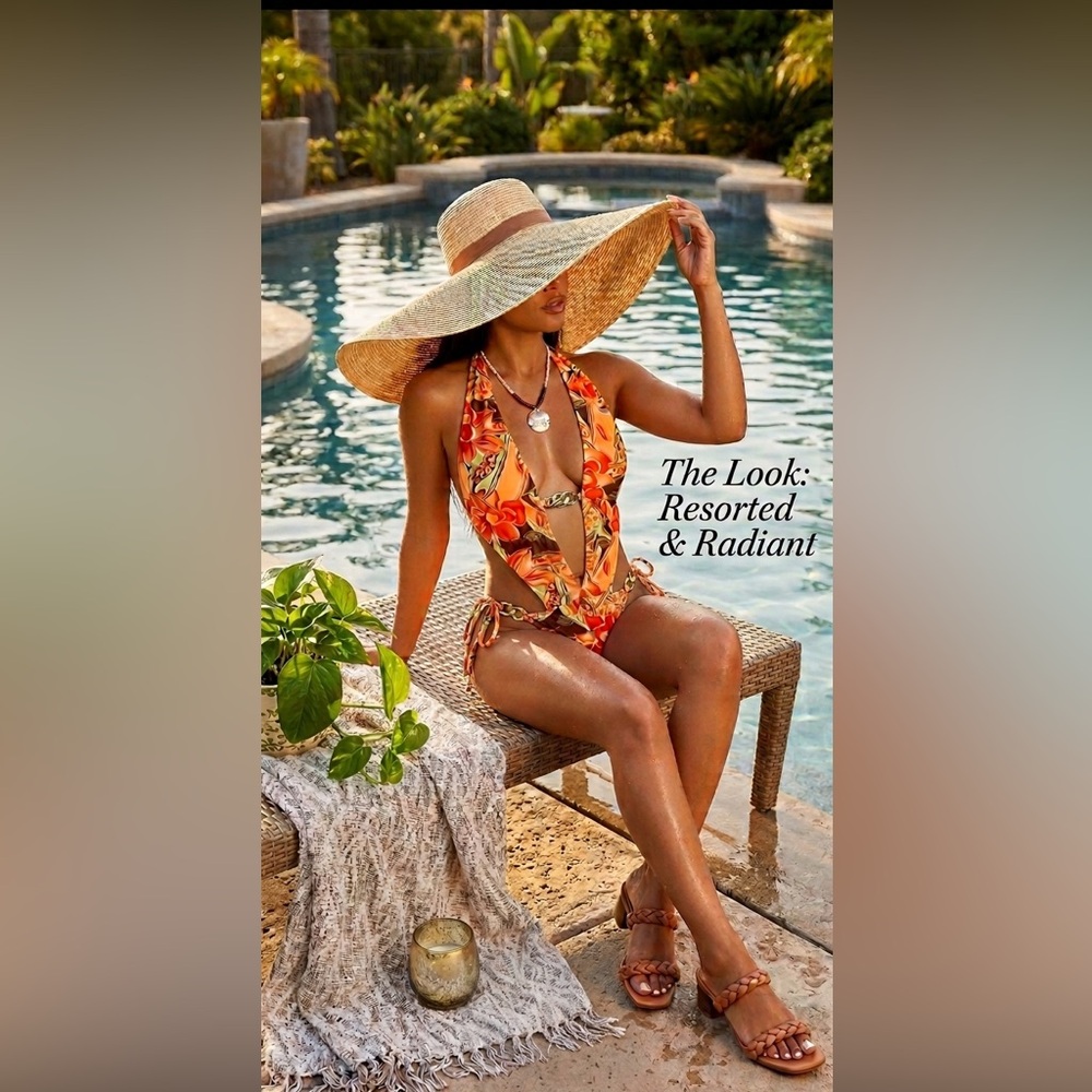 Tropical Floral Cutout One Piece Swimsuit Orange & Brown Halter Tie, Cheeky Fit - Picture 5 of 12